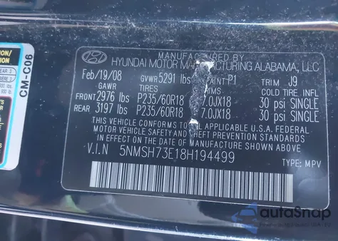 2008 Hyundai Santa Fe Limited/Se z USA, uszkodzony, nr VIN 5NMSH73E18H194499